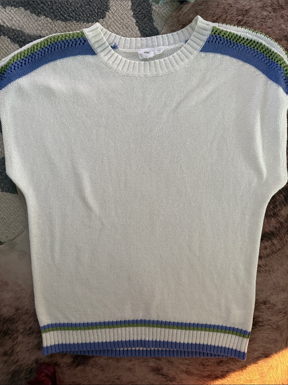 Cream Short-Sleeve Knit Top with Blue & Green Stripe Trim